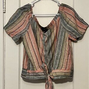 Drew Anthropologie pastel rainbow button up tie front blouse size large bohemian